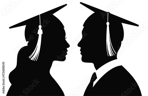 Black silhouette profiles of a male and female graduate facing each other wearing graduation caps with tassels