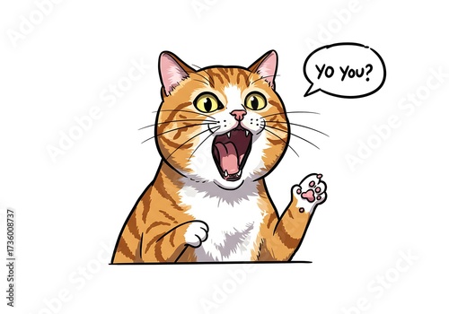 A surprised and excited ginger tabby cat with wide eyes and an open mouth exclaims 