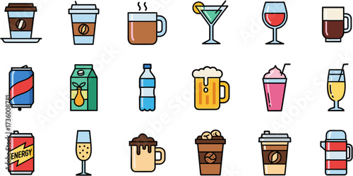Flat Line Art Beverage Icon Set Illustration with Colorful Detail