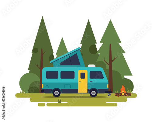 Turquoise camper van with pop top roof parked in a forest campsite with pine trees and a campfire