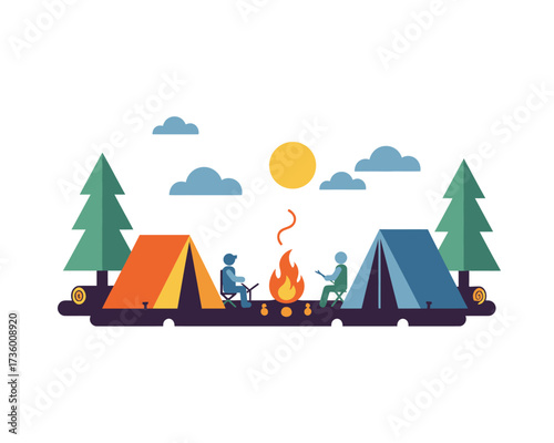 Cozy campsite scene with two tents a crackling campfire and chairs under a sunny sky with clouds