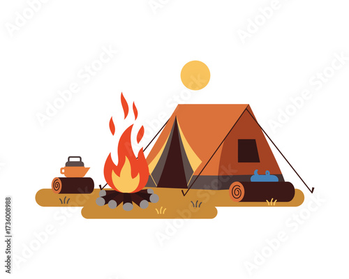 Cozy orange tent pitched beside a crackling campfire with sleeping bags and logs on a sunny day