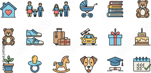 Detailed Lineart Icon Set of Home Life, Family and Education Theme