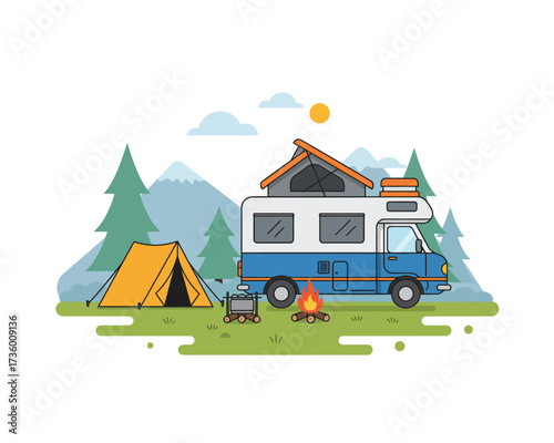 Cozy campsite scene with a blue and white camper van tent and campfire in a forested mountain landscape