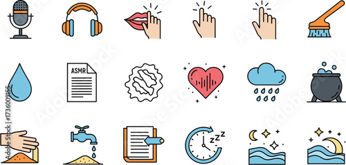 Simple Line Filled ASMR Concept Icon Set and Peaceful Relaxation Illustration
