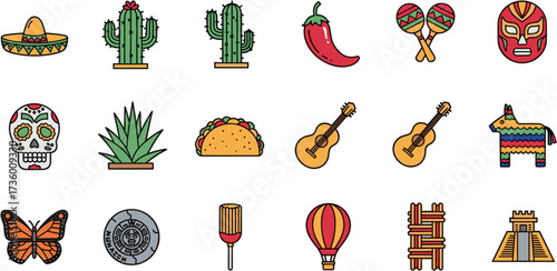 Cute Outline Style Mexican Culture and Food Element Isolated Illustration