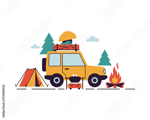 Adventure awaits with a rugged yellow off road vehicle packed for camping next to a tent and a warm campfire under trees