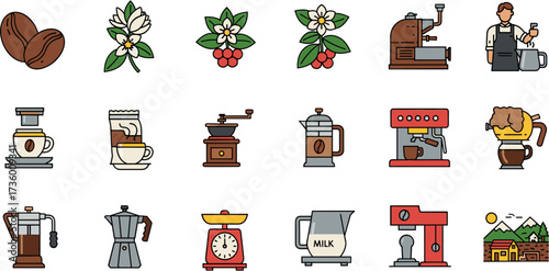 Detailed Lineart Coffee Brewing Method and Equipment Flat Design Icon Set