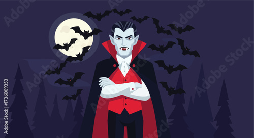 Classic Vampire Character with Fangs and Cape Standing under a Full Moon with Bats
