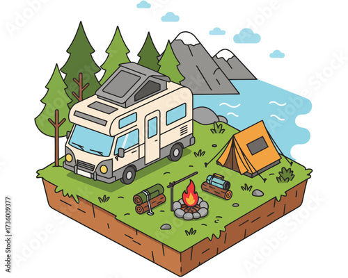 Charming isometric illustration of a recreational vehicle camping scene with tent mountains and lake