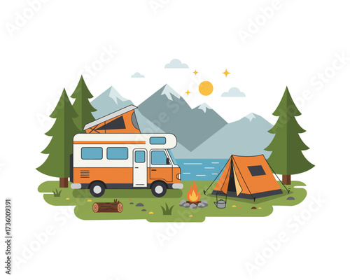 Scenic mountain landscape with a camper van and tent set up for a peaceful outdoor camping adventure by a lake