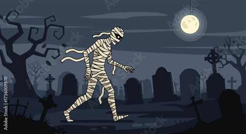 Creepy Mummy Walking Through a Graveyard Under the Full Moon at Night
