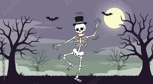 Dancing Skeleton Character with Top Hat and Bow Tie in a Spooky Graveyard Scene