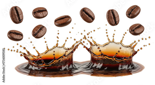Принти на полотні Isolated coffee beans and liquid splash for drink advertisement, caffeinated bro