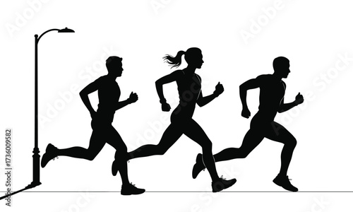 Black Silhouettes of Three Runners and a Street Lamp on a White Background running jogging
