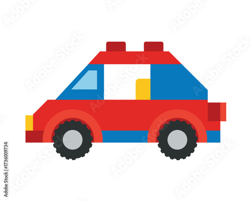 Brightly colored red and blue toy car constructed from building blocks with a white background for easy integration into designs