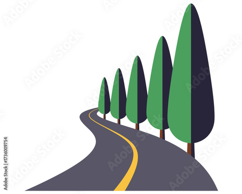 A winding asphalt road with a yellow line curves through a line of tall green cypress trees on a white background