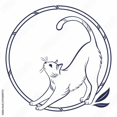 Elegant line art illustration of a stretching cat within a decorative circular frame with subtle leaf accents