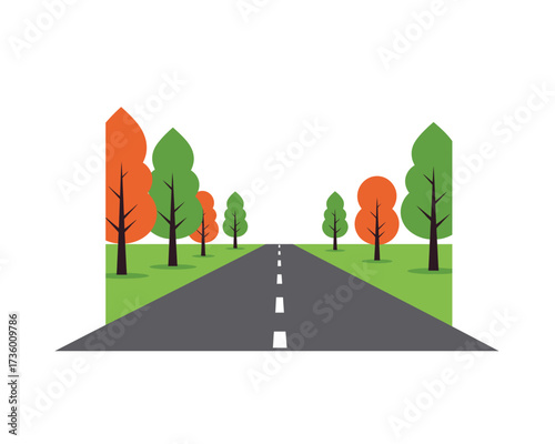 Straight asphalt road with white dashed lines leading into a vibrant landscape of green and orange trees under a white sky