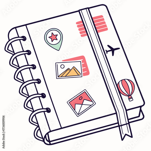 Hand drawn illustration of a travel journal or scrapbook filled with stickers of vacation memories and travel icons