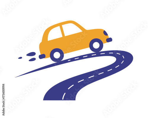 Whimsical yellow cartoon car speeding along a winding blue road with white dashed lines and motion blur effect