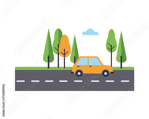 A cheerful cartoon orange car drives along a paved road lined with green grass and colorful autumn trees under a blue sky