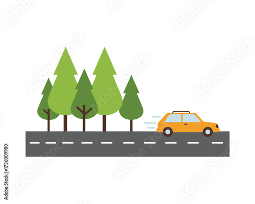 A bright yellow car drives along a grey asphalt road lined with tall green evergreen trees on a white background