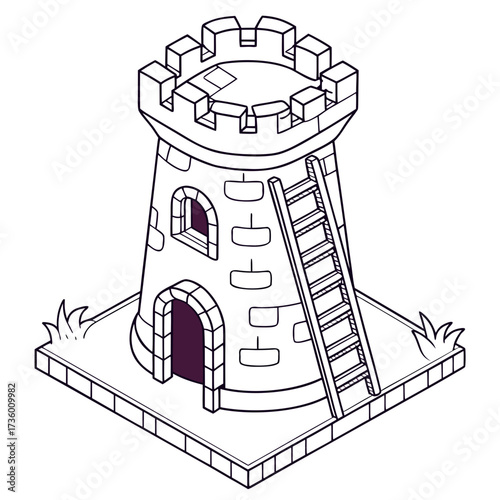 Isometric cartoon outline of a stone castle tower with a ladder and battlements on a grassy base