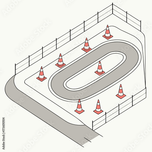 Isometric view of a race track or training course marked with orange and white traffic cones and a protective fence