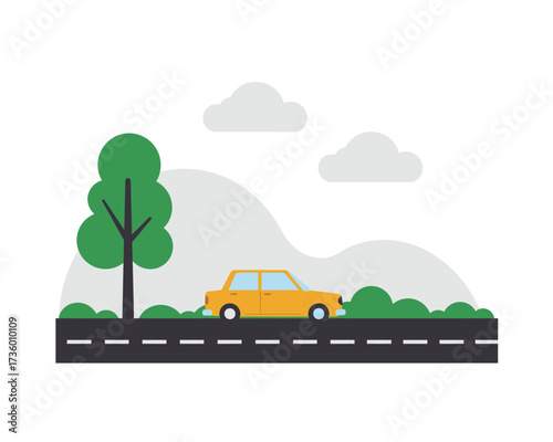 A bright yellow vintage style car drives along a scenic road with green trees and rolling hills in the background under a cloudy sky
