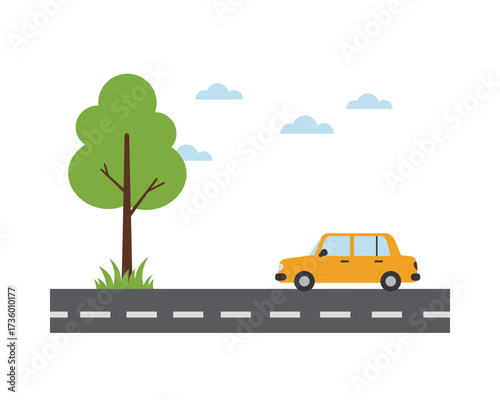 A cheerful cartoon yellow car drives along a paved road next to a large green tree on a bright sunny day with fluffy clouds