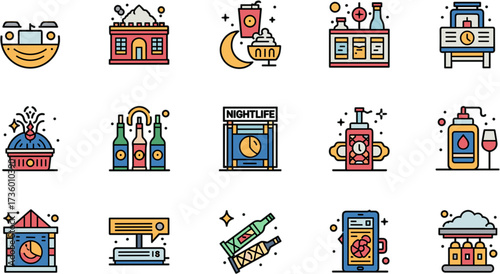 Line Art Nightlife Icon Set, Restaurant and Bar Theme Isolated Elements
