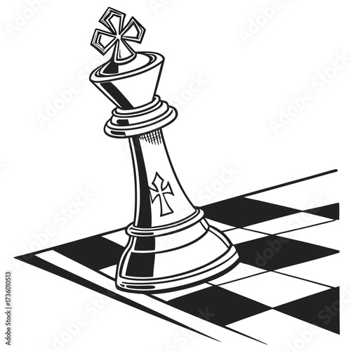Stylized black and white illustration of a chess king piece tilted on a chessboard representing strategy and victory