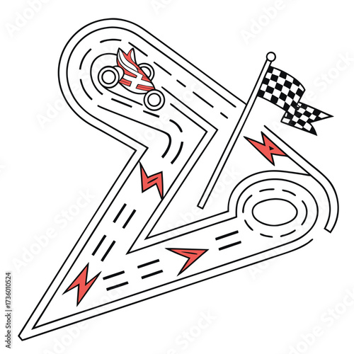 Stylized cartoon race car on a winding track with checkered flag and lightning bolt accents representing speed and competition
