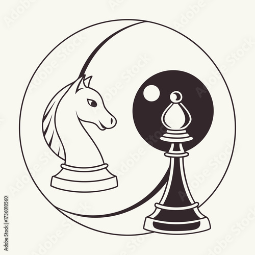 Stylized chess knight and bishop pieces facing each other within a circular emblem representing strategy and competition