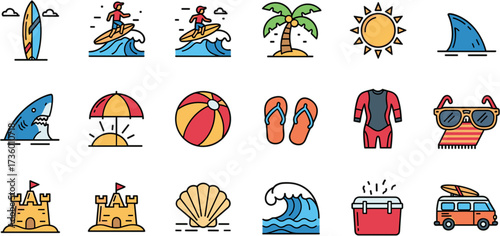 Detailed Line Art Summer Beach Holiday Icon Set Collection