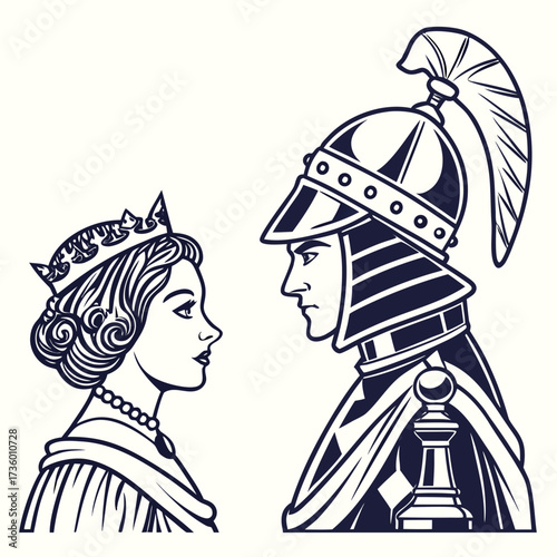 Stylized illustration of a queen and a knight facing each other symbolizing strategy and power in a game of chess