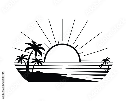 Stylized silhouette of a tropical beach sunset with palm trees and reflecting water
