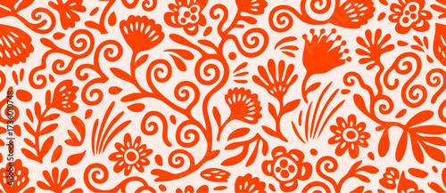 Seamless floral pattern with decorative flowers and swirls in bold orange. Perfect for textiles, wallpapers, laser cutting, multilayer artworks, and creative surface design.