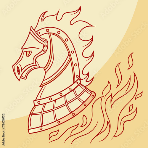 Stylized red outline of a horse head wearing armor and surrounded by flames on a pale yellow background vector illustration