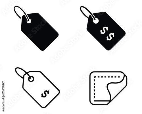 Four simple black and white vector icons representing price tags and a folded piece of paper for retail and commerce concepts