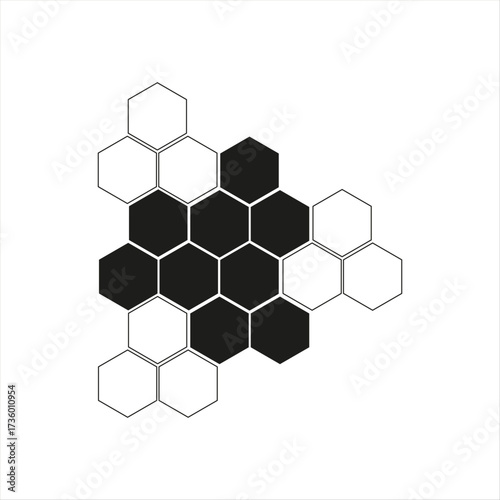 Black hexagon, honeycomb, design element, shapes, pattern with no strokes. Asset for photo collection, collage, template, frame, overlay, montage, clipping, layer mask.
