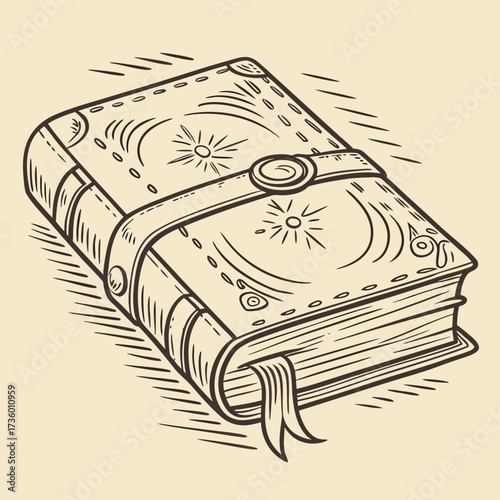 Vintage leather bound book with ornate celestial sunbursts and a buckle strap featuring a ribbon bookmark rendered in a woodcut style