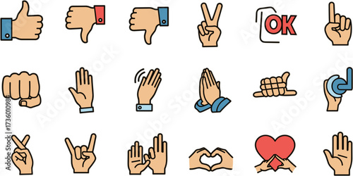Line Art Hand Gesture Various Meaning Communication Icon Set Illustration