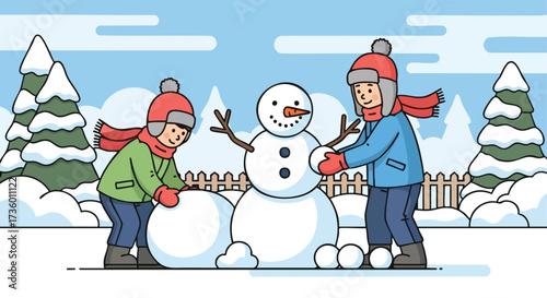 Two Happy Children Building a Snowman Together on a Snowy Winter Day