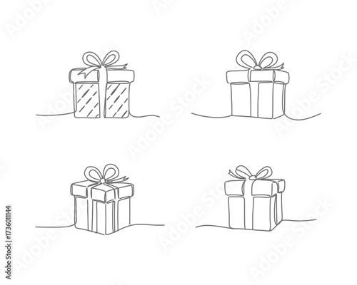 Four hand drawn sketch style gift boxes with ribbons and bows on a white background simple line art illustration