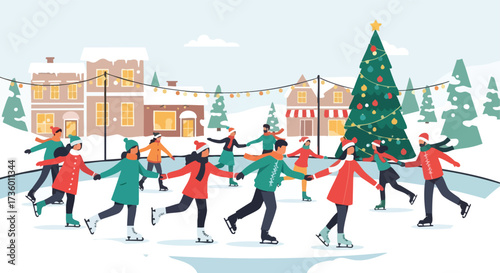 Diverse Group of People Ice Skating Together in a Festive Snowy Town Square