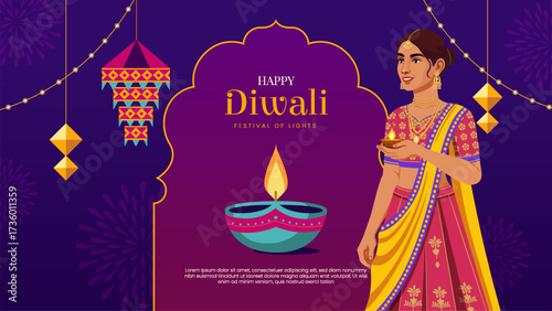 Elegant Woman with Traditional Saree Lighting Diya - Diwali Festival Greeting Vector Design