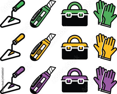 Set of construction tools including trowels, utility knives, toolboxes, and work gloves, isolated on white background