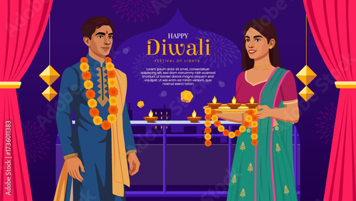 Couple Decorating Home with Marigold Garlands and Diyas for Diwali Festival